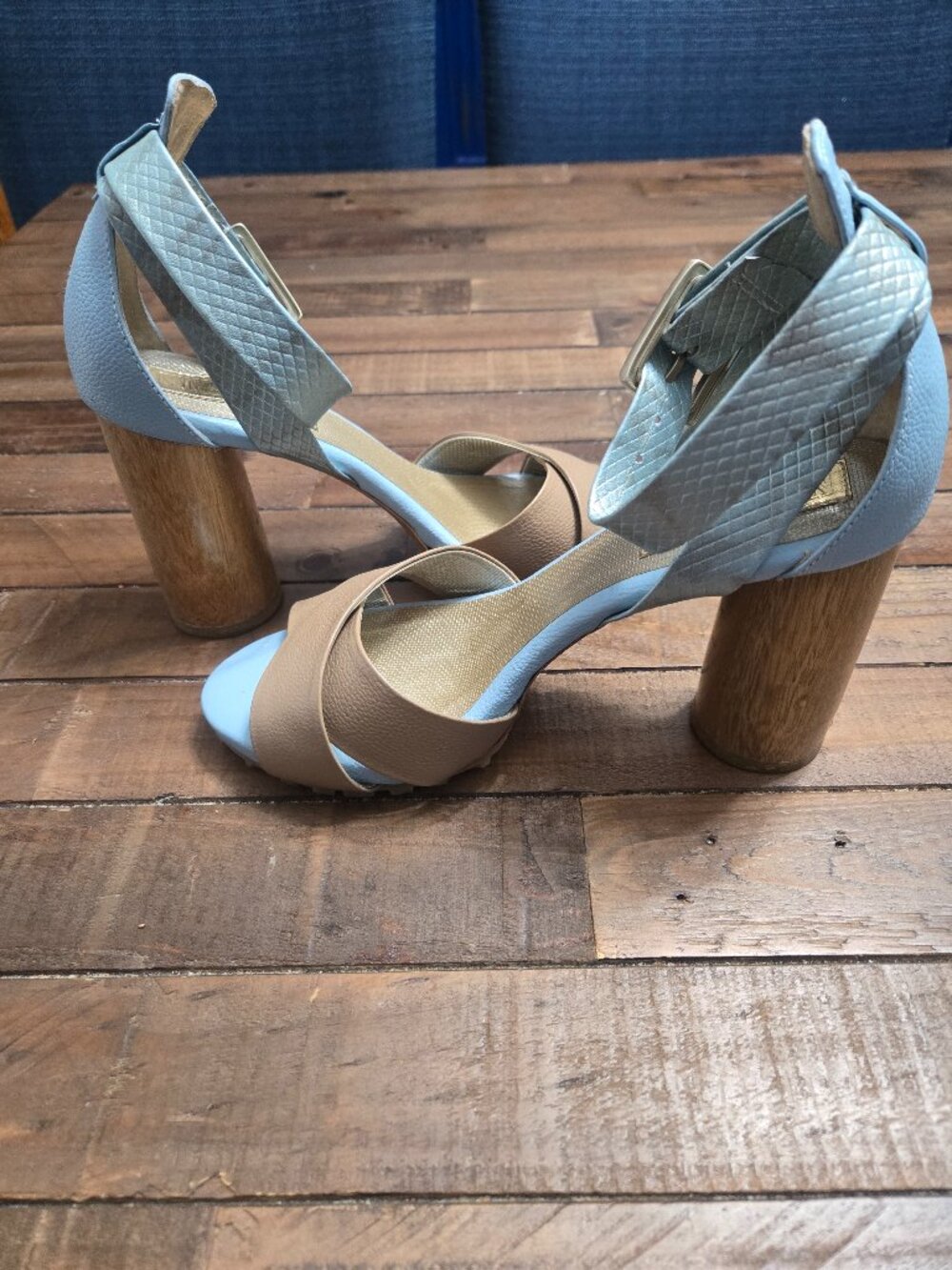 SNG Sanangel Sandals Blue Tan Snakeskin Wood Block Heel Handmade Coastal Sz 6.5